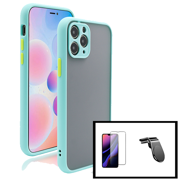 Kit Capa Traseira Proteção Camara + Película de Vidro Temperado GorilasGlass + Suporte de Carro Magnético L para Apple iPhone 14 - Azul Claro