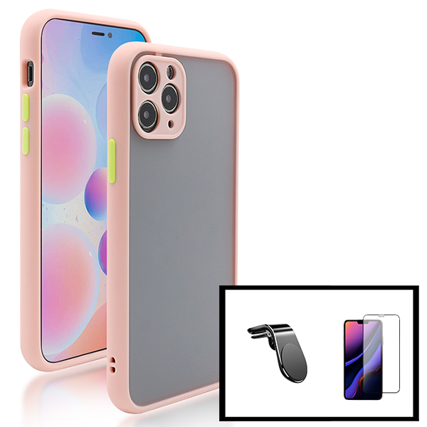 Kit Capa Traseira Proteção Camara + Película de Vidro Temperado GorilasGlass + Suporte de Carro Magnético L para Apple iPhone 14 - Rosa