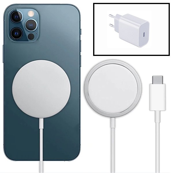 Kit Carregador Sem Fios Carga Rápida + Base de Carregador Type C FastCharge 20W para Apple iPhone 14 Plus  Branco