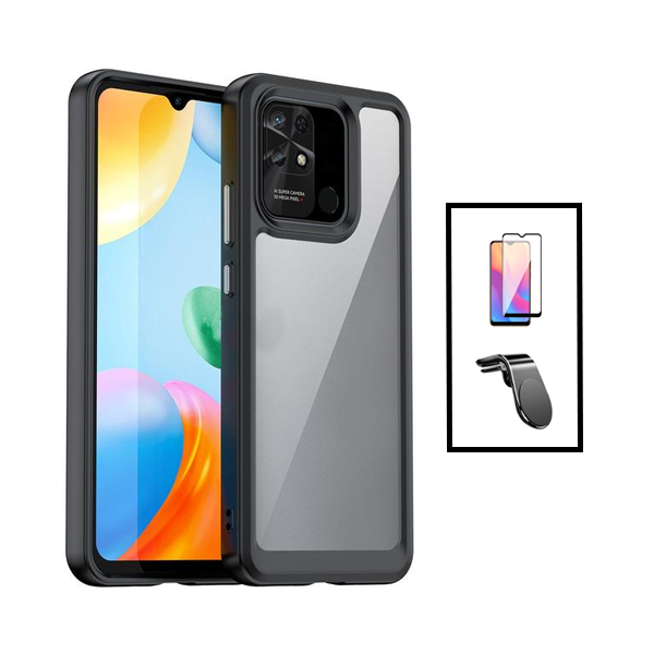 Kit Película de Vidro Temperado GorilasGlass + Capa de Tripla Proteção Revestida a Aluminio + Suporte de Carro Magnético L para Xiaomi Redmi 10C - Transparente/Preto