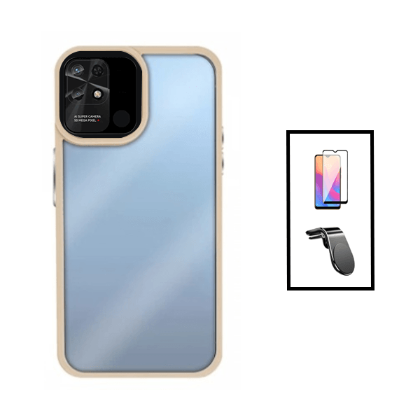 Kit Película de Vidro Temperado GorilasGlass + Capa de Tripla Proteção Revestida a Aluminio + Suporte de Carro Magnético L para Xiaomi Redmi 10C - Transparente/Beje
