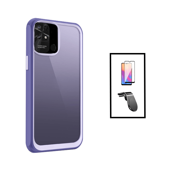 Kit Película de Vidro Temperado GorilasGlass + Capa de Tripla Proteção Revestida a Aluminio + Suporte de Carro Magnético L para Xiaomi Redmi 10C - Transparente/ Lilás