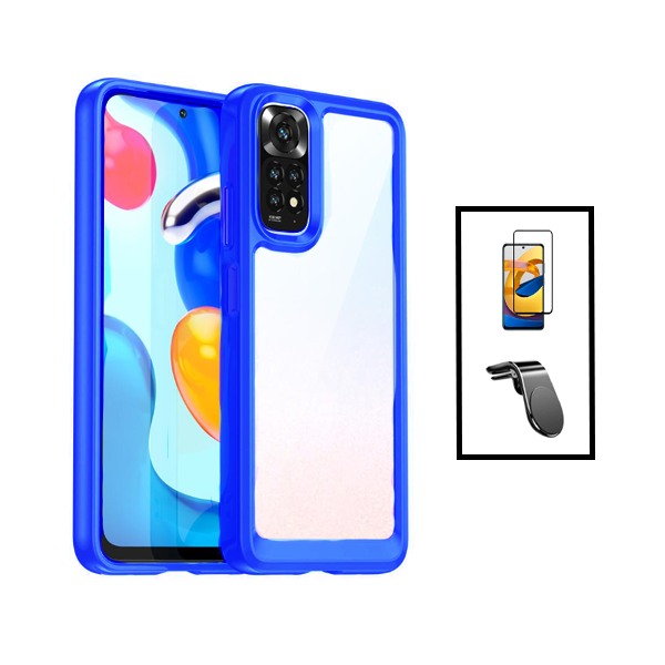 Kit Película de Vidro Temperado GorilasGlass + Capa de Tripla Proteção Revestida a Aluminio + Suporte de Carro Magnético L para Xiaomi Redmi Note 11 - Transparente/ Azul Escuro