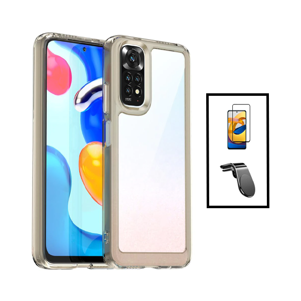 Kit Película de Vidro Temperado GorilasGlass + Capa de Tripla Proteção Revestida a Aluminio + Suporte de Carro Magnético L para Xiaomi Redmi Note 11 - Transparente/Beje