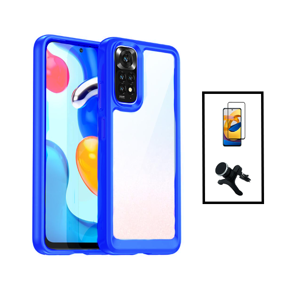 Kit Película de Vidro Temperado GorilasGlass + Capa de Tripla Proteção Revestida a Aluminio + Suporte Magnético Com Pernas para Xiaomi Redmi Note 11 - Transparente/ Azul Escuro