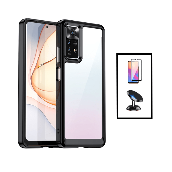 Kit Película de Vidro Temperado GorilasGlass + Capa de Tripla Proteção Revestida a Aluminio + Suporte Magnético para Xiaomi Redmi Note 11 - Transparente/Preto