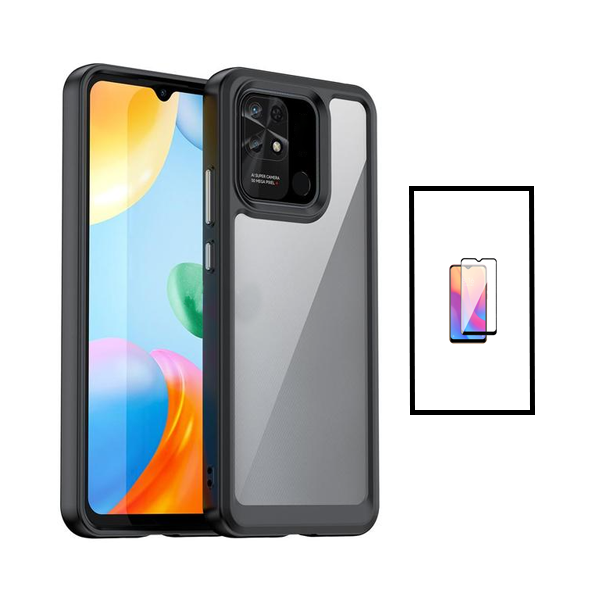 Kit Película de Vidro Temperado GorilasGlass + Capa de Tripla Proteção Revestida a Aluminio para Xiaomi Redmi 10C - Transparente/Preto