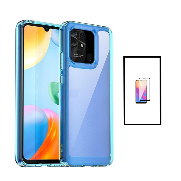 Kit Película de Vidro Temperado GorilasGlass + Capa de Tripla Proteção Revestida a Aluminio para Xiaomi Redmi 10C - Transparente/ Azul Escuro