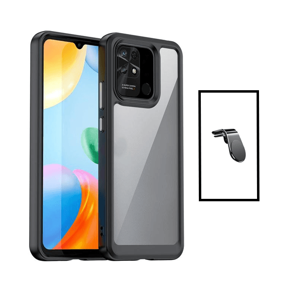 Kit Suporte de Carro Magnético L + Capa de Tripla Proteção Revestida a Aluminio para Xiaomi Redmi 10C - Transparente/Preto