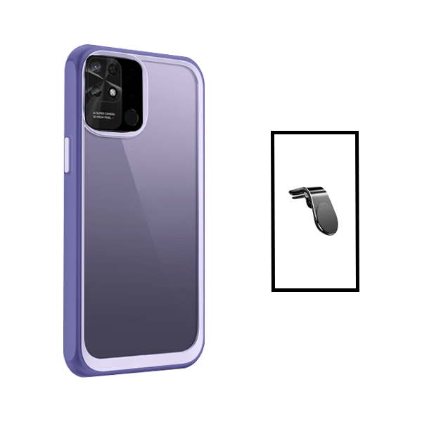 Kit Suporte de Carro Magnético L + Capa de Tripla Proteção Revestida a Aluminio para Xiaomi Redmi 10C - Transparente/ Lilás