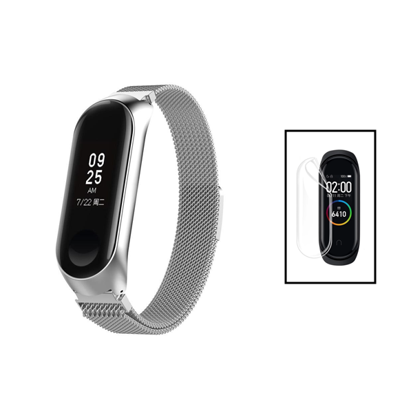 Kit Bracelete Milanese Com Fecho Magnético + Pelicula de Hydrogel para Xiaomi Mi Band 7 - Cinza / Transparente