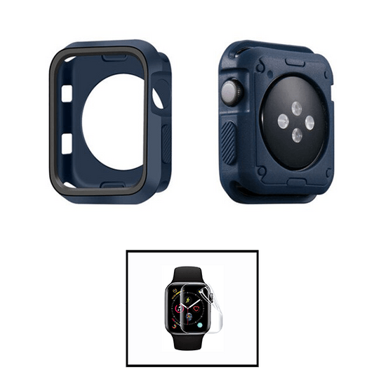 Kit Capa de Proteção Reforçada + Película de Hydrogel para Apple Watch SE (2022) 44mm - Azul Escuro / Preto