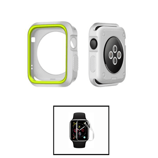 Kit Capa de Proteção Reforçada + Película de Hydrogel para Apple Watch Series 8 - 45mm - Cinza / Verde Fluorescente
