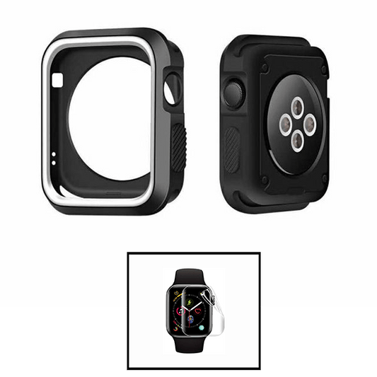 Kit Capa de Proteção Reforçada + Película de Hydrogel para Apple Watch SE (2022) 44mm - Preto / Branco