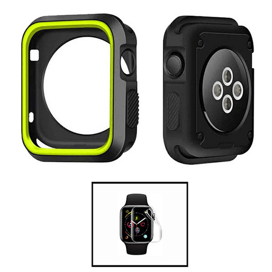 Kit Capa de Proteção Reforçada + Película de Hydrogel para Apple Watch SE (2022) 44mm - Preto / Verde Fluorescente