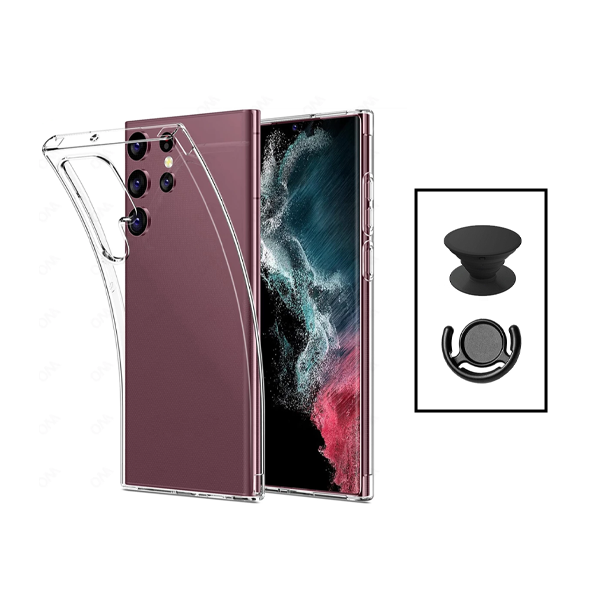 Kit Capa 360° Proteção Frente e Verso + 1 HandHolder + 1 Suporte HandHolder Preto para Samsung Galaxy S23 Ultra - Transparente/Preto