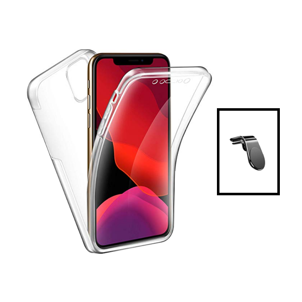 Kit Capa 360° Proteção Frente e Verso + Suporte Magnético L para Apple iPhone 14 Pro Max - Transparente/Branco