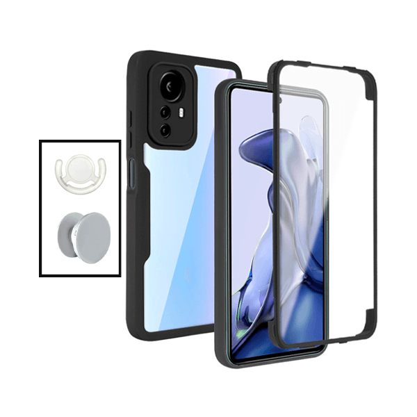 Kit Capa 360° Proteção Frente e Verso + 1 HandHolder + 1 Suporte HandHolder Branco para Xiaomi 12 Lite - Preto