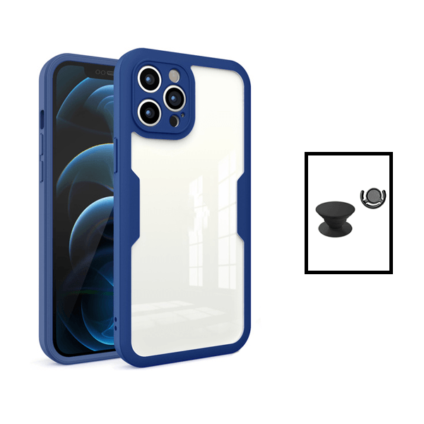 Kit Capa 360° Proteção Frente e Verso + 1 HandHolder + 1 Suporte HandHolder Preto para Apple iPhone 14 - Azul Escuro