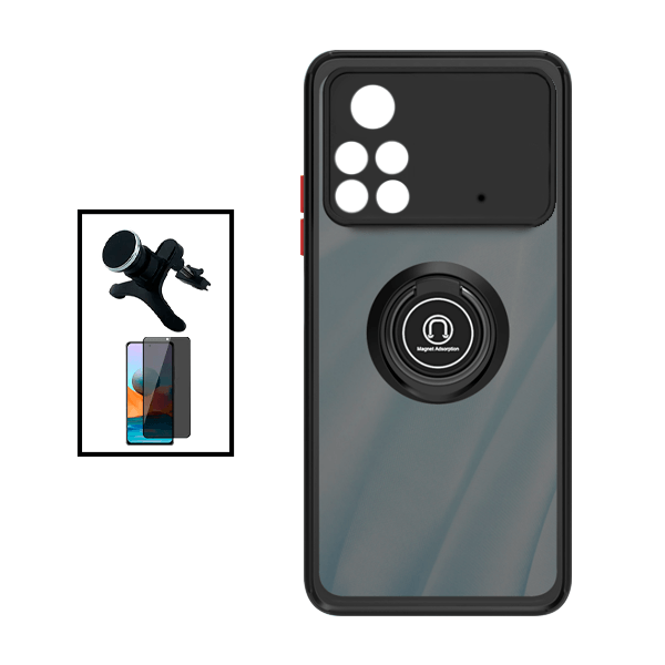 Kit Capa Traseira Proteção Camara + Película de Vidro Temperado Privacidade + Suporte Magnético Com Pernas para Xiaomi Poco X4 Pro 5G - Rosa