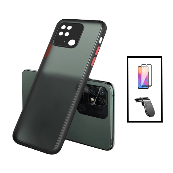 Kit Capa Traseira Proteção Camara + Película de Vidro Temperado GorilasGlass + Suporte de Carro Magnético L para Xiaomi Redmi 10C - Preto