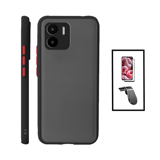 Kit Capa Traseira Proteção Camara + Película de Vidro Temperado GorilasGlass + Suporte de Carro Magnético L para Xiaomi Redmi A2 - Preto