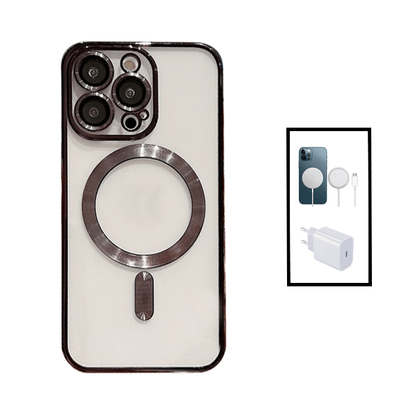 Kit Capa Traseira de Luxo Magsafe Proteção Camara + Carregador Sem Fios Carga Rápida + Base de Carregador Type C FastCharge 20W para Apple iPhone 14 - Preto