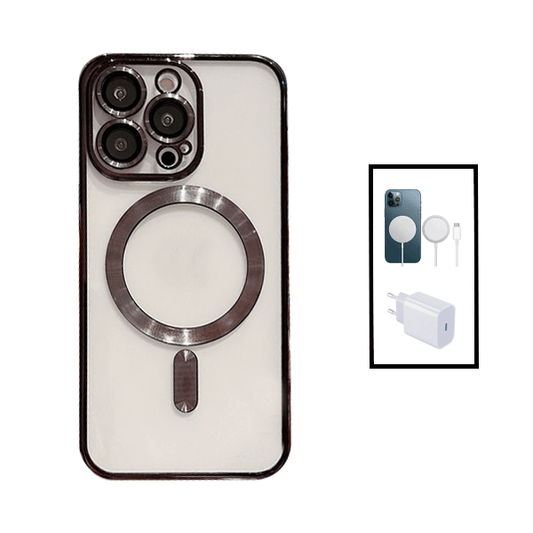 Kit Capa Traseira de Luxo Magsafe Proteção Camara + Carregador Sem Fios Carga Rápida + Base de Carregador Type C FastCharge 20W para Apple iPhone 14 Pro Max - Preto