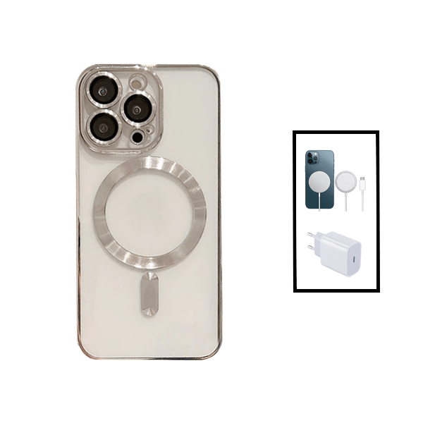Kit Capa Traseira de Luxo Magsafe Proteção Camara + Carregador Sem Fios Carga Rápida + Base de Carregador Type C FastCharge 20W para Apple iPhone 14 Pro - Preto