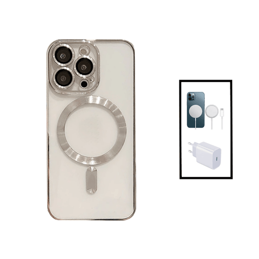 Kit Capa Traseira de Luxo Magsafe Proteção Camara + Carregador Sem Fios Carga Rápida + Base de Carregador Type C FastCharge 20W para Apple iPhone 14 Pro - Preto