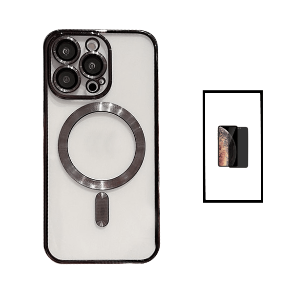 Kit Capa Traseira de Luxo Magsafe Proteção Camara + Película de Vidro Temperado Privacidade para Apple iPhone 14 - Preto