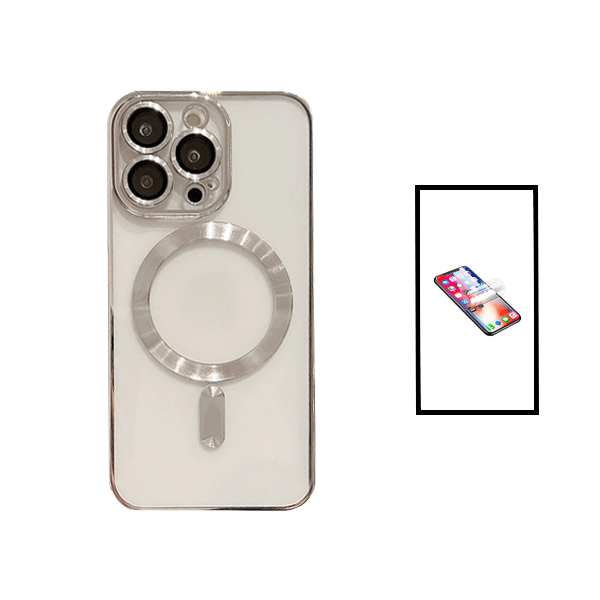 Kit Capa Traseira de Luxo Magsafe Proteção Camara + Pelicula Protetora de Hydrogel para Apple iPhone 14 - Cinza