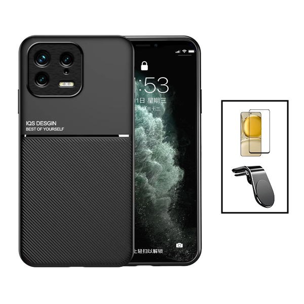 Kit Capa Traseira Magnética Anti Choque + Película de Vidro Temperado GorilasGlass + Suporte de Carro Magnético L para Xiaomi 13 - Preto
