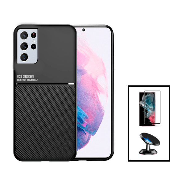 Kit Capa Traseira Magnética Anti Choque + Película de Vidro Temperado GorilasGlass Curvado + Suporte Magnético para Samsung Galaxy S23 Ultra - Preto