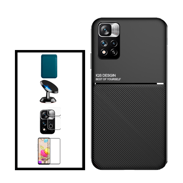 Kit Capa Traseira Magnética Anti Choque + Carteira Magnetica Preto + Película de Vidro Temperado GorilasGlass + Película Protectora para Câmara Traseira + Suporte Magnético para Xiaomi 11i - Preto