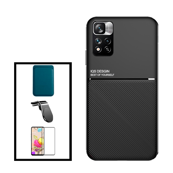Kit Capa Traseira Magnética Anti Choque + Carteira Magnetica Preto + Película de Vidro Temperado GorilasGlass + Suporte de Carro Magnético L para Xiaomi Redmi Note 11E Pro - Preto