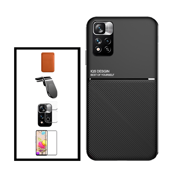 Kit Capa Traseira Magnética Anti Choque + Carteira Magnetica Preto + Película de Vidro Temperado GorilasGlass + Película Protectora para Câmara Traseira + Suporte de Carro Magnético L para Xiaomi 11i - Preto