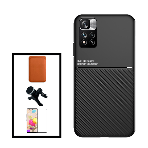 Kit Capa Traseira Magnética Anti Choque + Carteira Magnetica Preto + Película de Vidro Temperado GorilasGlass + Suporte Magnético Com Pernas para Xiaomi 11i HyperCharge - Preto
