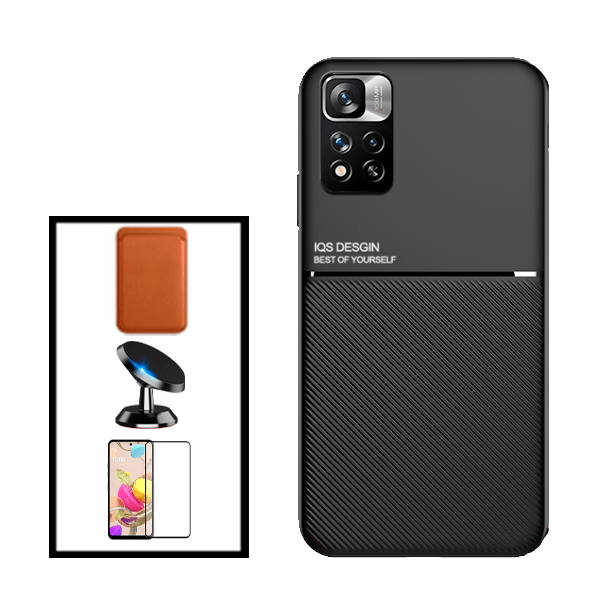 Kit Capa Traseira Magnética Anti Choque + Carteira Magnetica Preto + Película de Vidro Temperado GorilasGlass + Suporte Magnético para Xiaomi Redmi Note 11E Pro - Preto