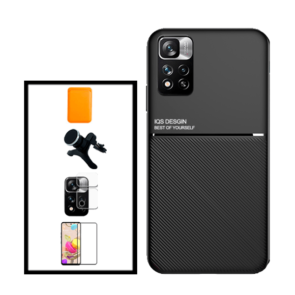 Kit Capa Traseira Magnética Anti Choque + Carteira Magnetica Preto + Película de Vidro Temperado GorilasGlass + Película Protectora para Câmara Traseira + Suporte Magnético Com Pernas para Xiaomi 11i HyperCharge - Preto