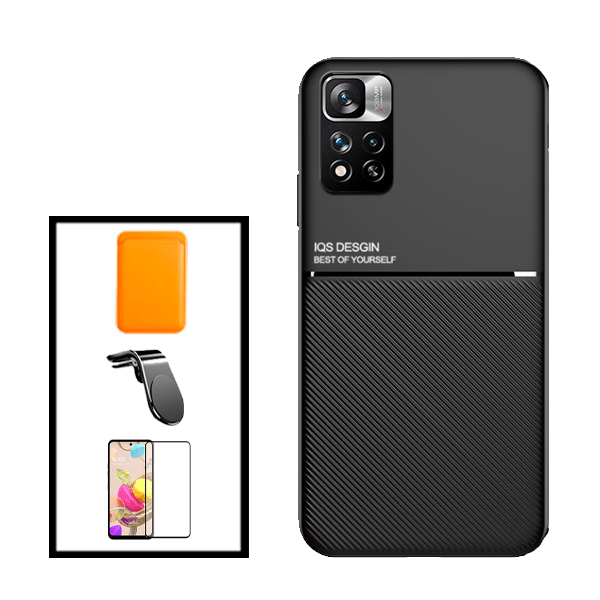 Kit Capa Traseira Magnética Anti Choque + Carteira Magnetica Preto + Película de Vidro Temperado GorilasGlass + Suporte de Carro Magnético L para Xiaomi Redmi Note 11E Pro - Preto