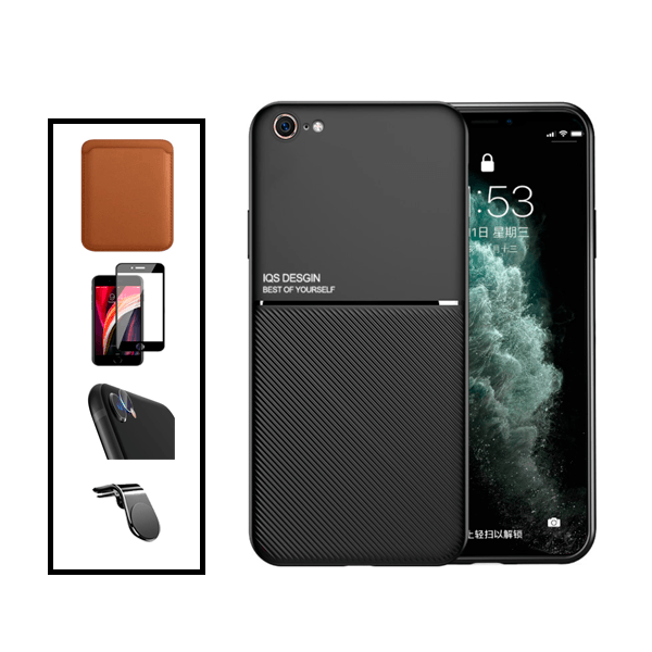 Kit Capa Traseira Magnética Anti Choque + Carteira Magnetica Preto + Película de Vidro Temperado GorilasGlass + Película Protectora para Câmara Traseira + Suporte de Carro Magnético L para Apple iPhone SE 2022 - Preto