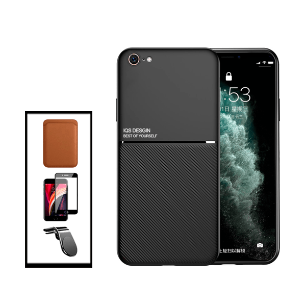 Kit Capa Traseira Magnética Anti Choque + Carteira Magnetica Preto + Película de Vidro Temperado GorilasGlass + Suporte de Carro Magnético L para Apple iPhone SE 2022 - Preto