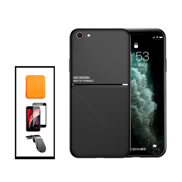 Kit Capa Traseira Magnética Anti Choque + Carteira Magnetica Preto + Película de Vidro Temperado GorilasGlass + Suporte de Carro Magnético L para Apple iPhone SE 2022 - Preto