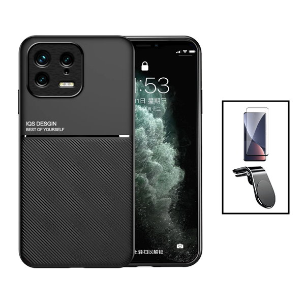Kit Capa Traseira Magnética Anti Choque + Película de Vidro Temperado GorilasGlass Curvado + Suporte de Carro Magnético L para Xiaomi 13 Pro - Preto