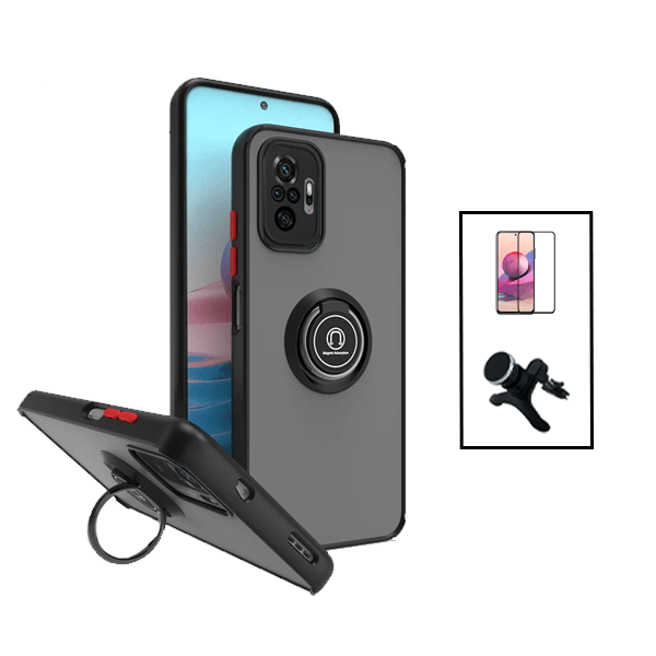 Kit Capa Traseira com Anel Magnetico Proteção Camara + Película de Vidro Temperado GorilasGlass + Suporte Magnético Com Pernas para Xiaomi Redmi Note 10 Pro - Preto