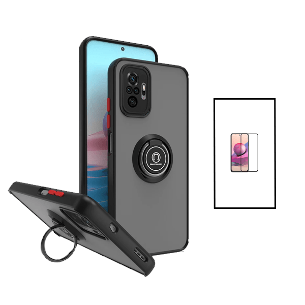 Kit Capa Traseira com Anel Magnetico Proteção Camara + Película de Vidro Temperado GorilasGlass para Xiaomi Redmi Note 10 Pro - Preto