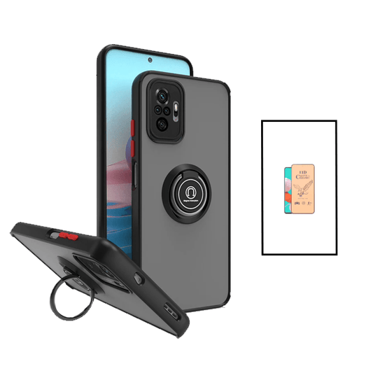 Kit Capa Traseira com Anel Magnetico Proteção Camara + Vidro Temperado Ceramica Full Cover para Xiaomi Redmi Note 10 Pro - Preto