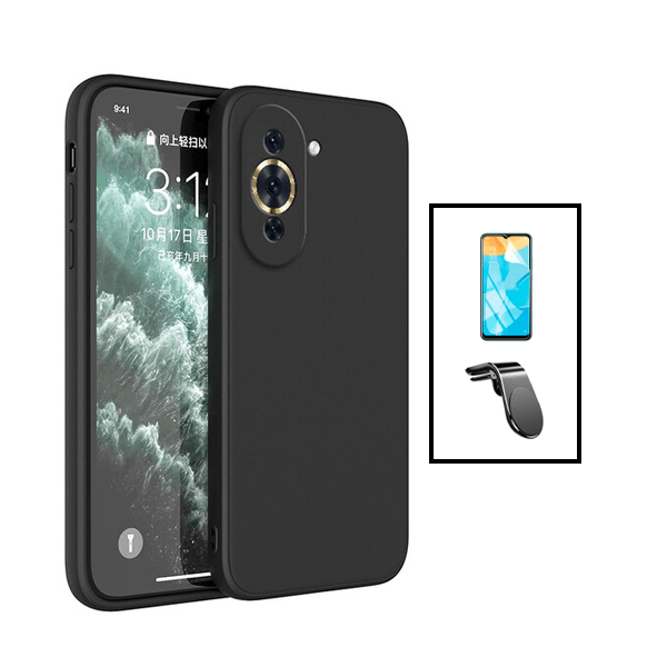 Kit Película Protectora de Hydrogel Frente + Capa Proteção Traseira Silicone + Suporte de Carro Magnético L para Huawei Nova 10 - Preto