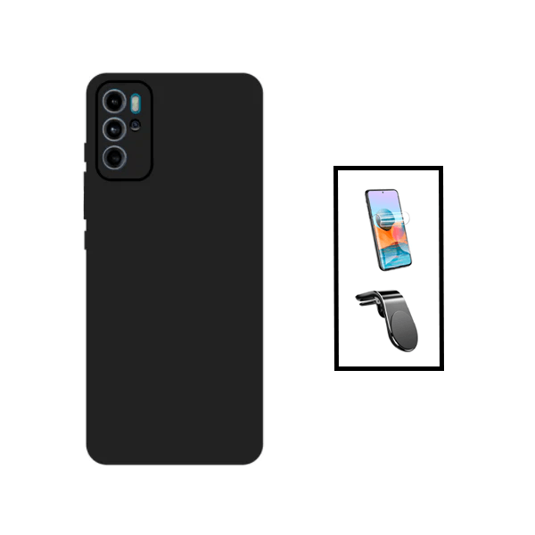 Kit Película Protectora de Hydrogel Frente + Capa Proteção Traseira Silicone + Suporte de Carro Magnético L para Motorola Moto G60S - Preto
